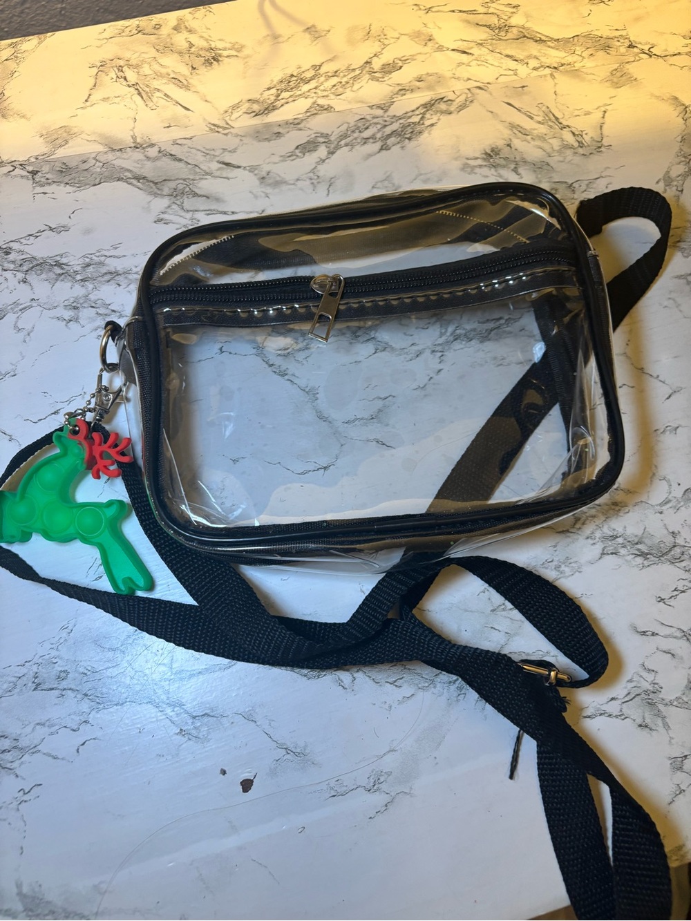 Clear Black-Trim Crossbody Bag with Green Reindeer Charm